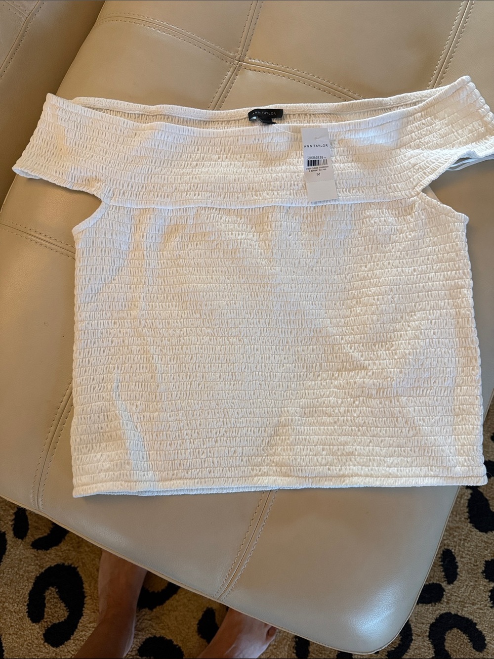 Ann Taylor White Off-Shoulder Smocked Crop Blouse